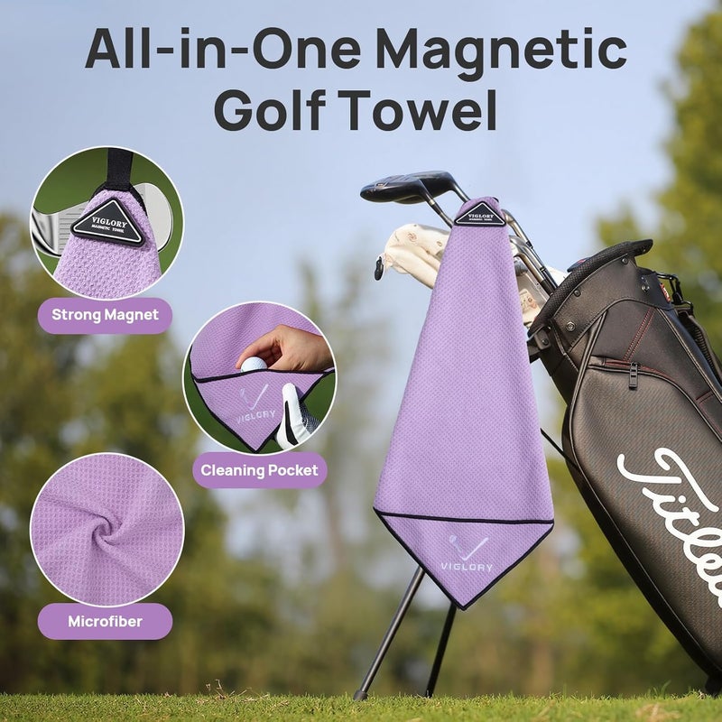 VIGLORY Magnetic Golf Towel - Exclusive Cleaning Pocket–18"x18"–Strong Magnet for Golf Cart or Clubs, Spot-Clean Design, Ultra Absorbent Waffle Microfiber–Golf Accessories & Gift for Men(Purple 1 Pack) - Image 2